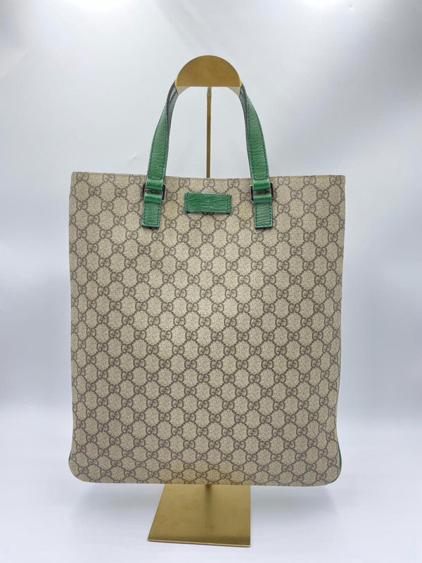 GUCCI Leather Tote Bag GG Pattern Green Handle - Reeluxs 