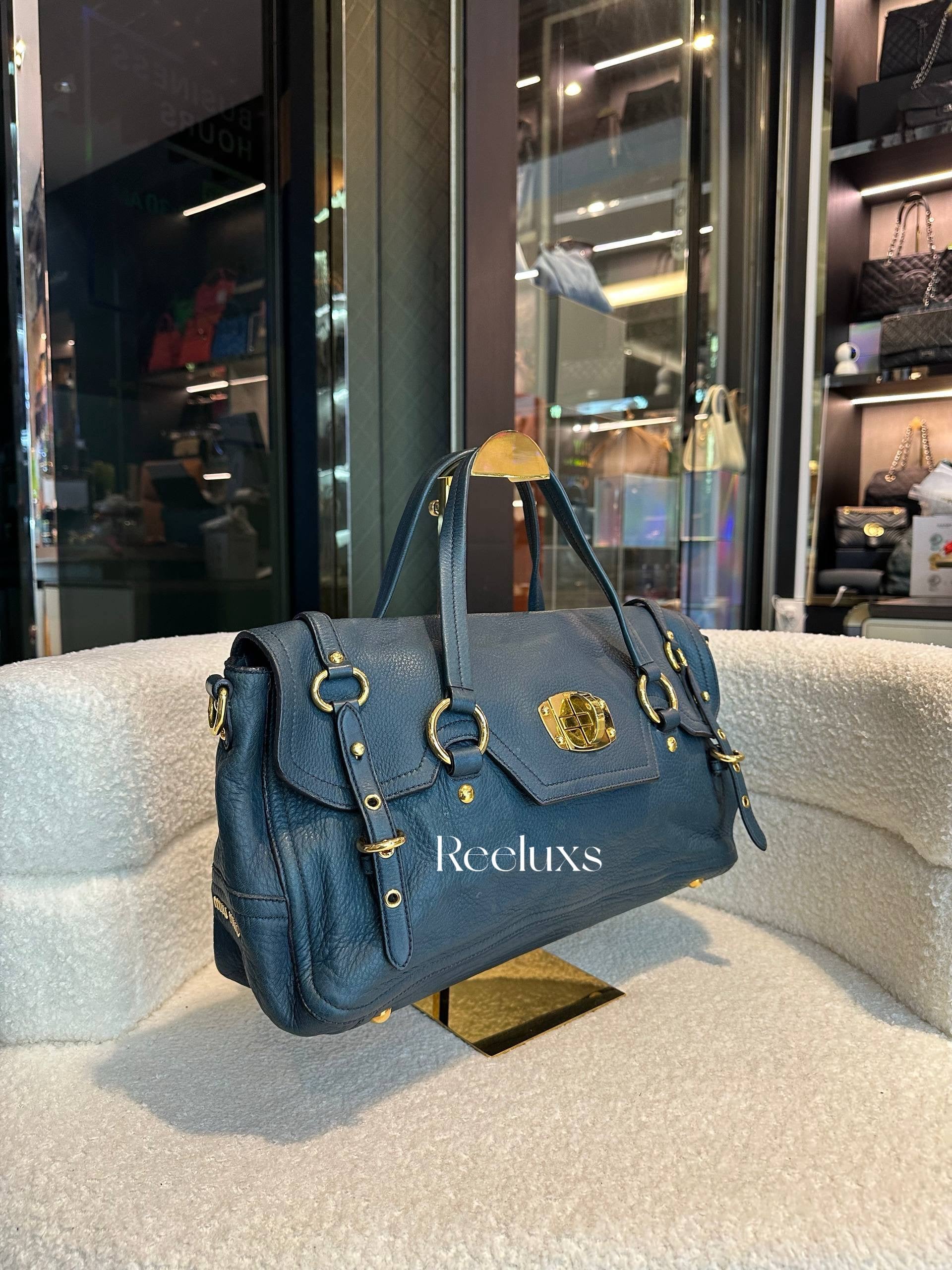 Miu Miu Blue Cervo Leather East/West Satchel Bag