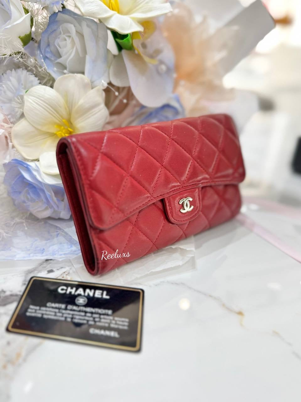 CHANEL Red Quilted  Leather Timeless/ Classique Flap Wallet