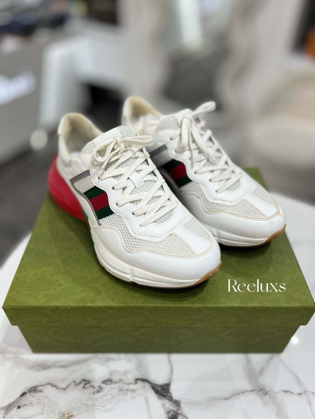 FullSet GUCCI Rhyton Epilogue Sneaker - White / Red Textile- Men's Shoes Size 11