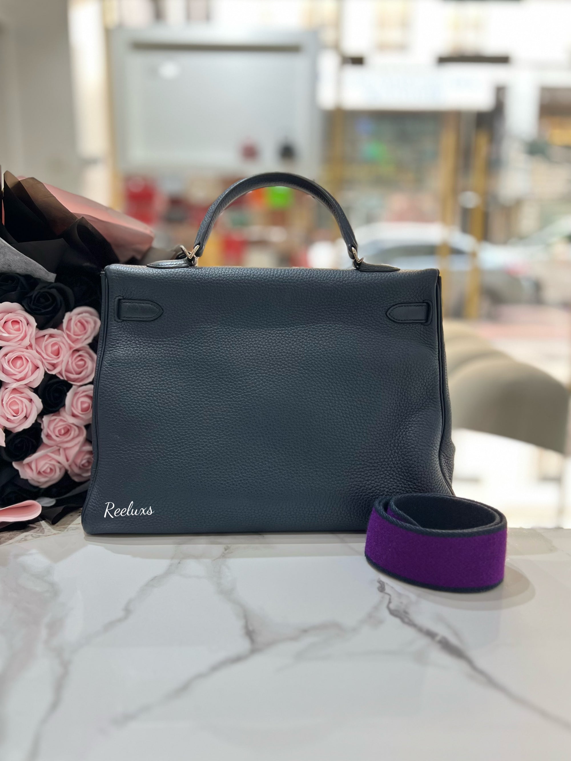 HERMES Kelly 35cm 2Way Use Blue Nuit Togo Leather