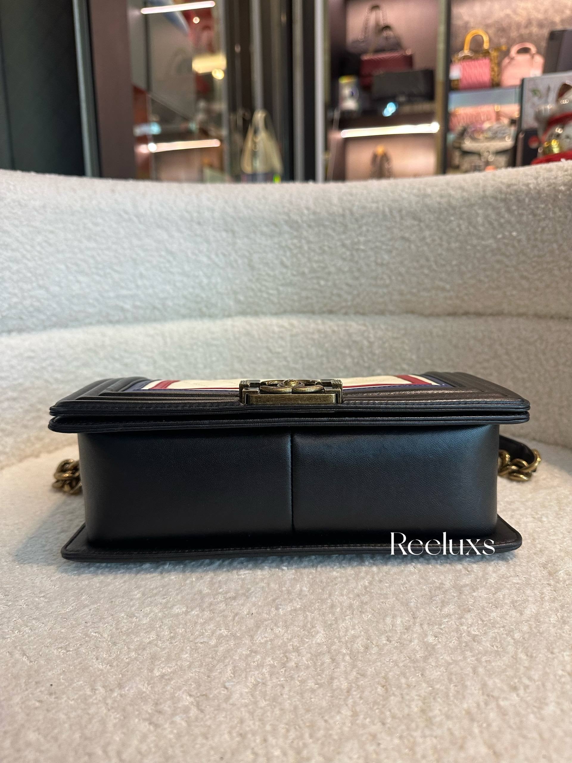 Chanel Boy Coco Mark Chain Shoulder Bag Black Red Blue Cream