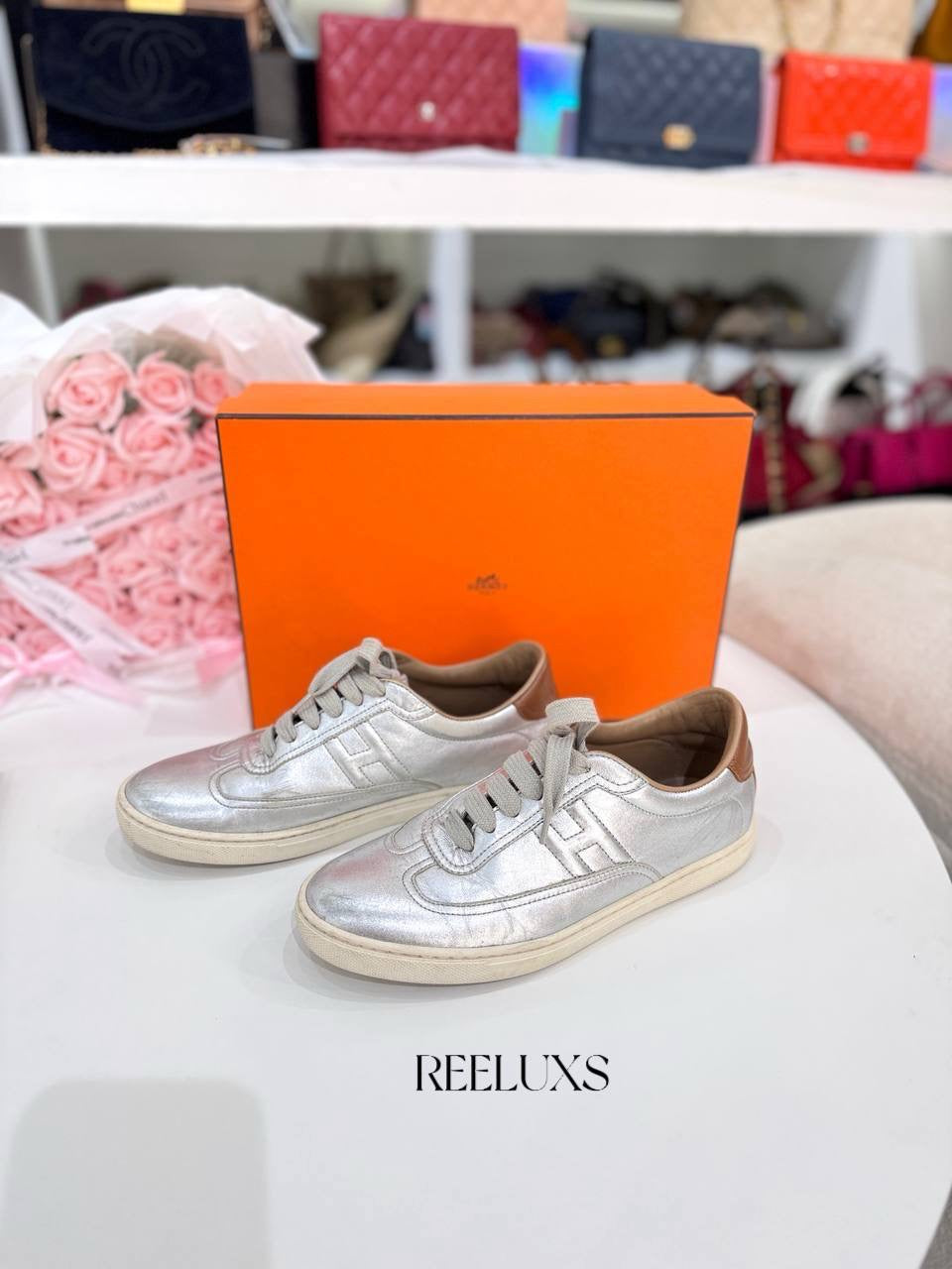 HERMES Quicker Metallic Silver Leather Sneakers