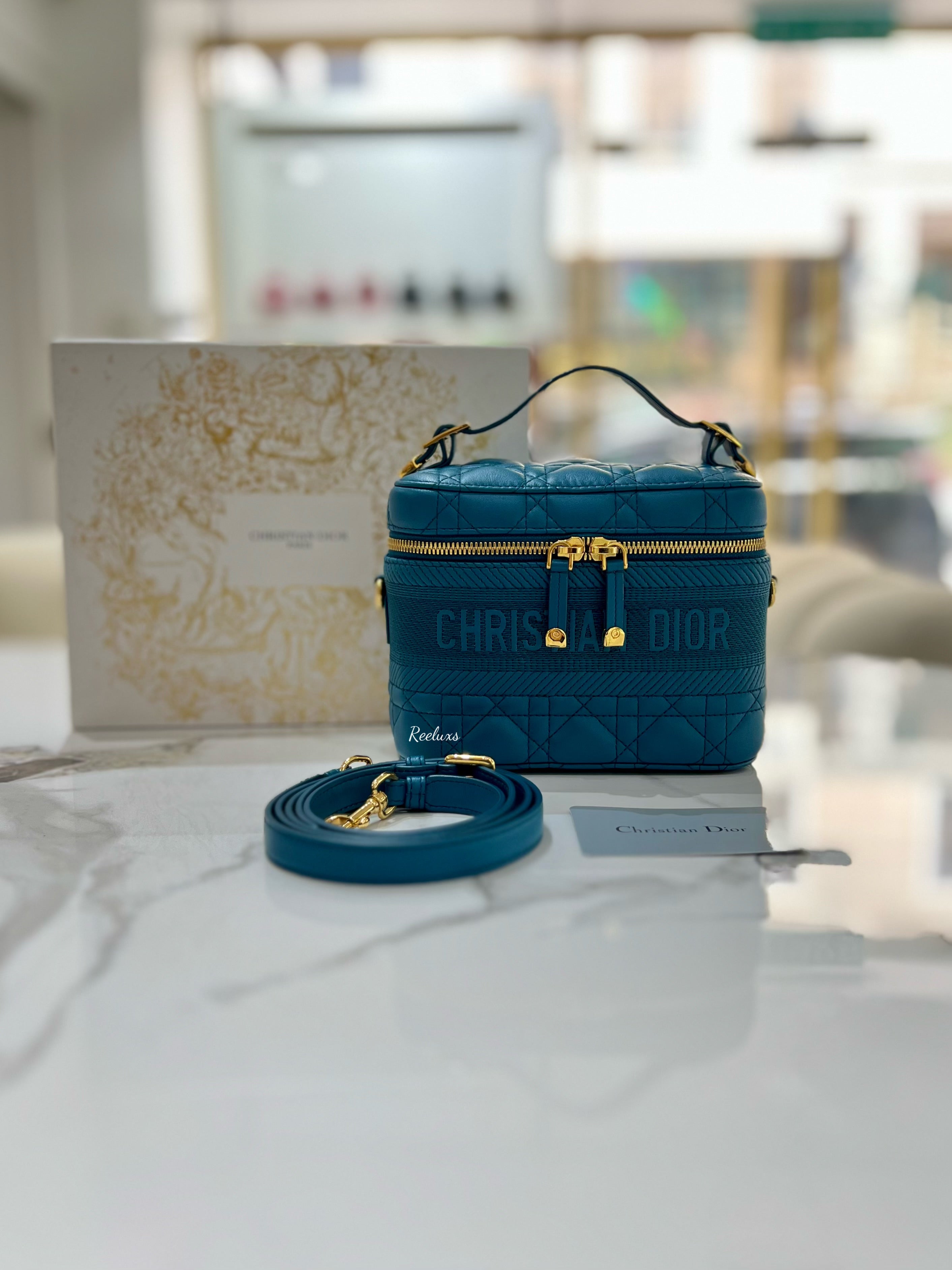 CHRISTIAN DIOR  Lambskin Cannage Small Diortravel Vanity Case Deep Ocean