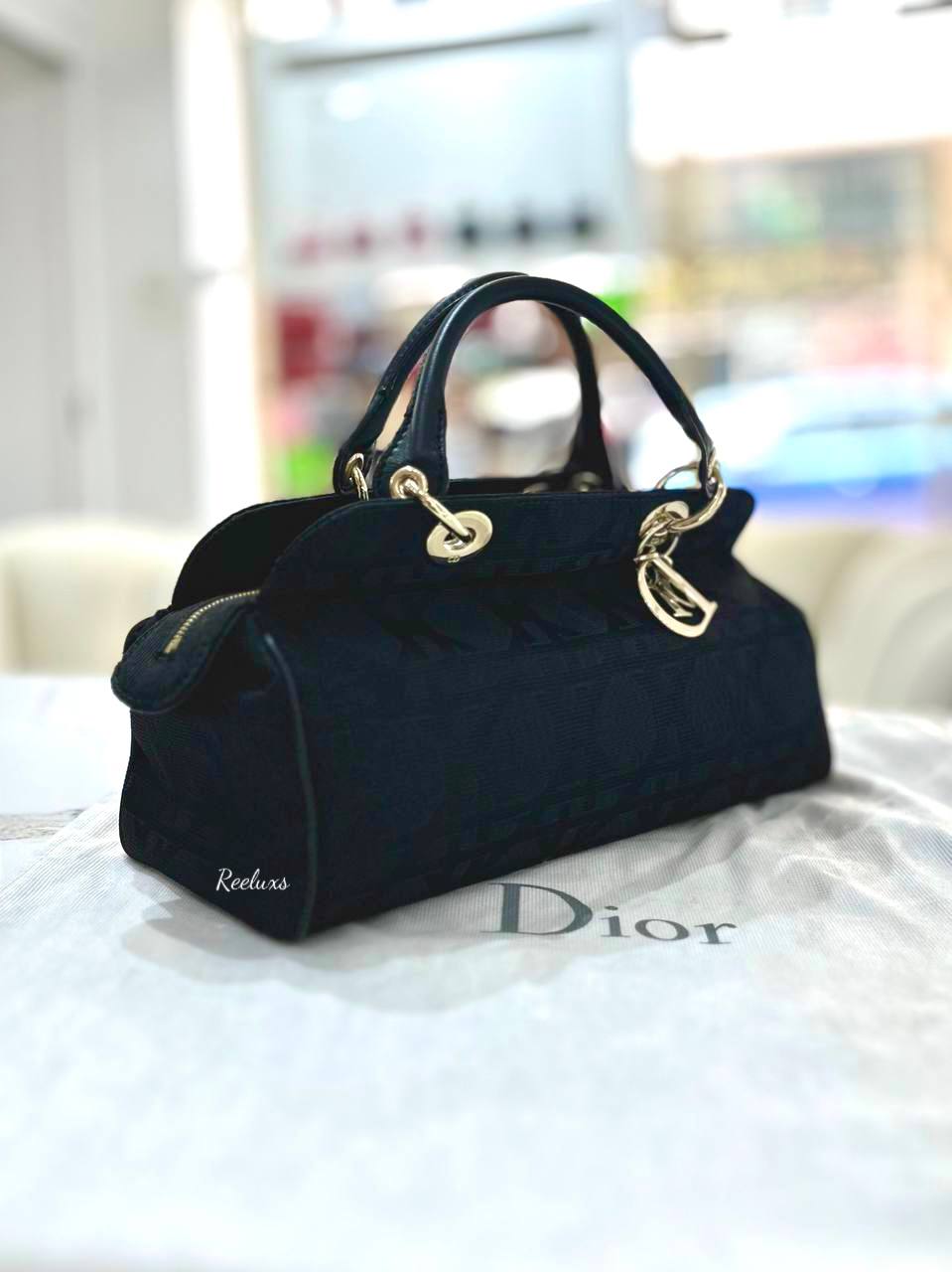CHRISTIAN DIOR Cannage Handbag Tote Canvas Black Logo Charm