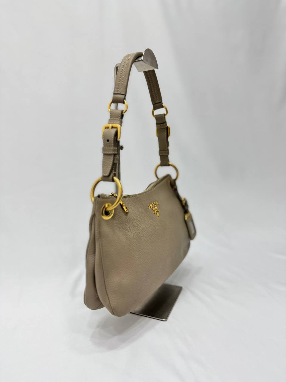 PRADA Belted Zip Shoulder Bag Vitello Daino Handbag