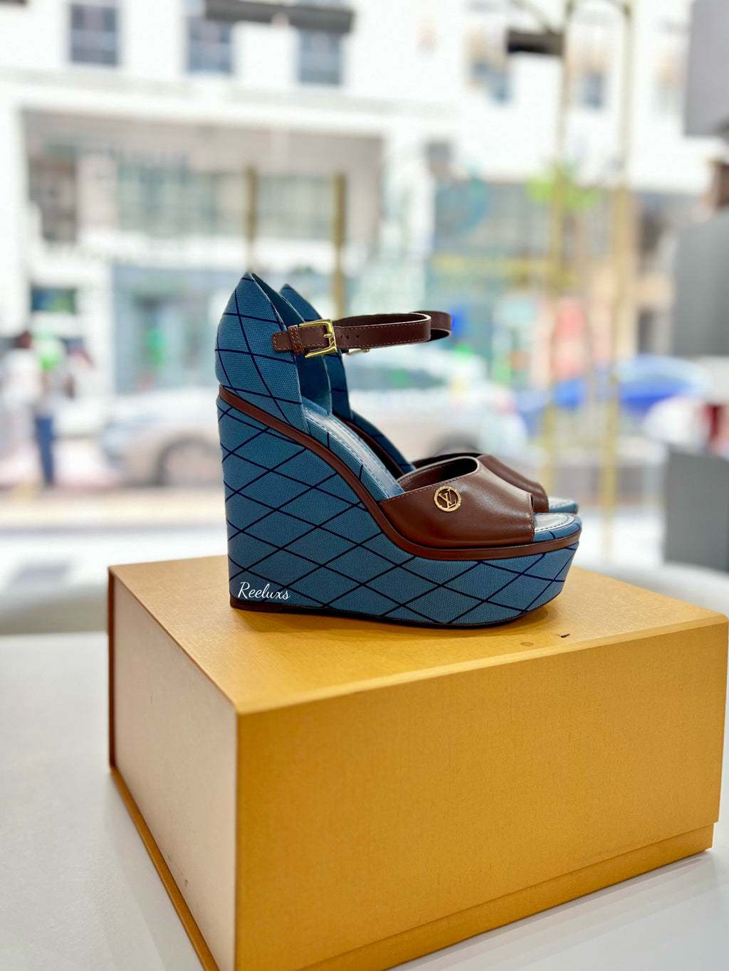 LOUIS VUITTON LV Denim Malletage Blossom Wedge Heels