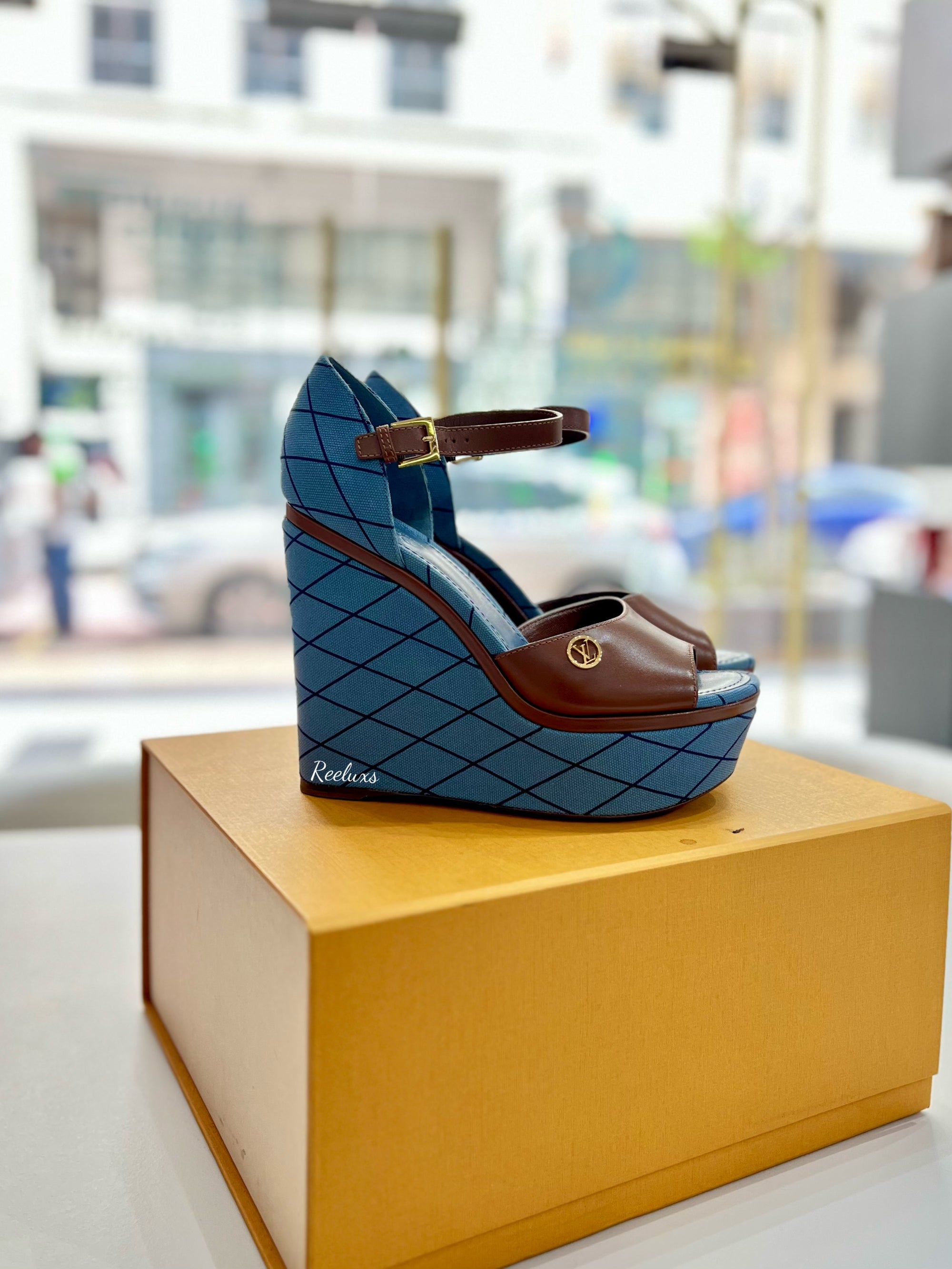 LOUIS VUITTON LV Denim Malletage Blossom Wedge Heels