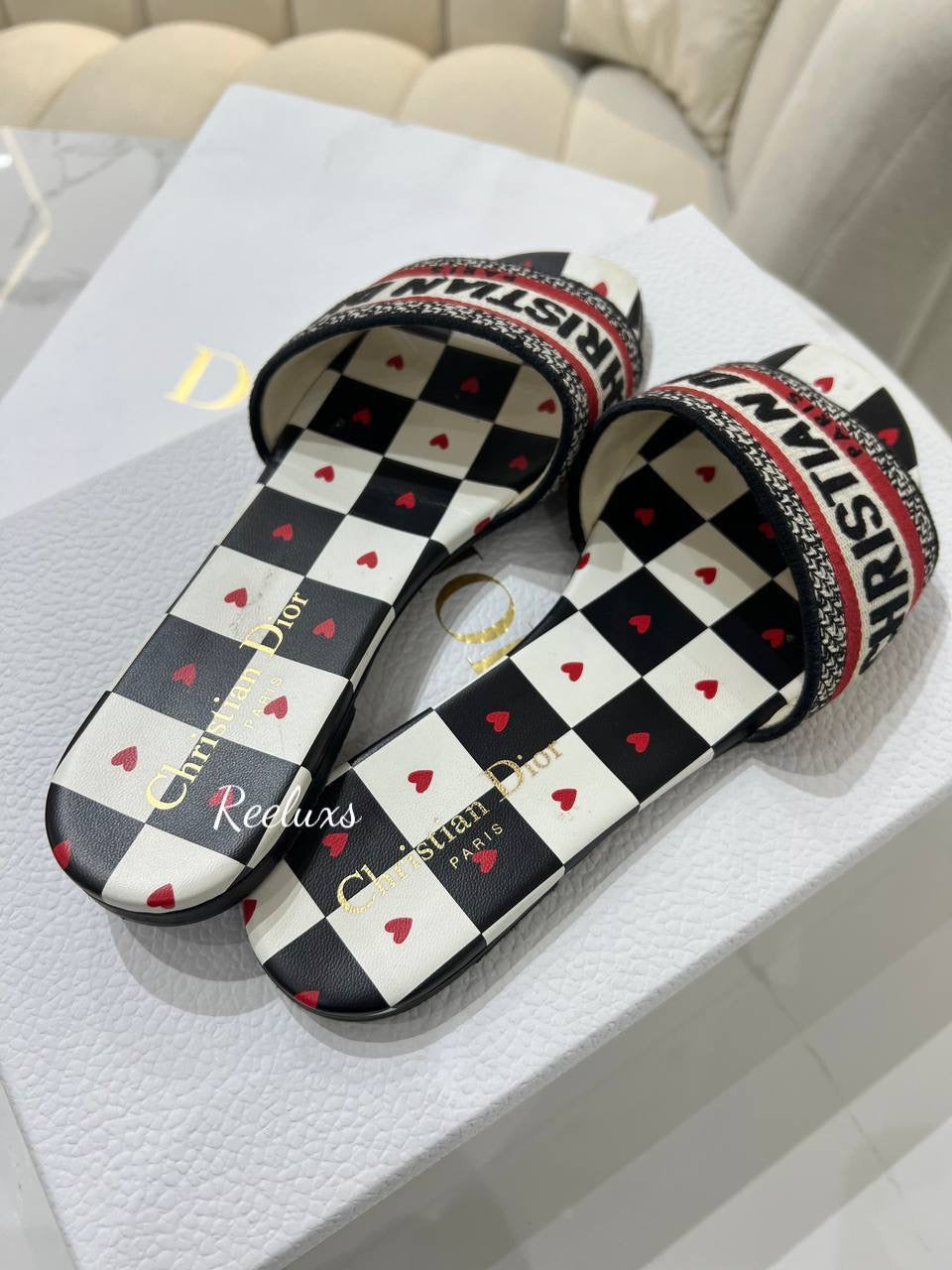 FULL SET  CHIRISTIAN DIOR Women Shoes Dway Dioramour Slide White Black Red D-Chess Heart Embroidered Cotton