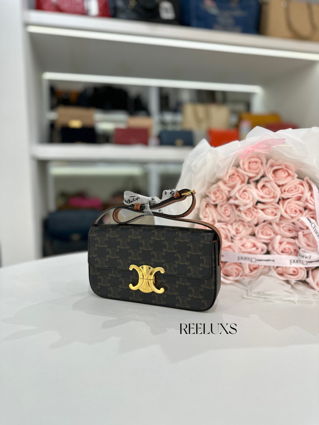 CELINE Claude Shoulder Bag in Triomphe Canvas and Calfskin