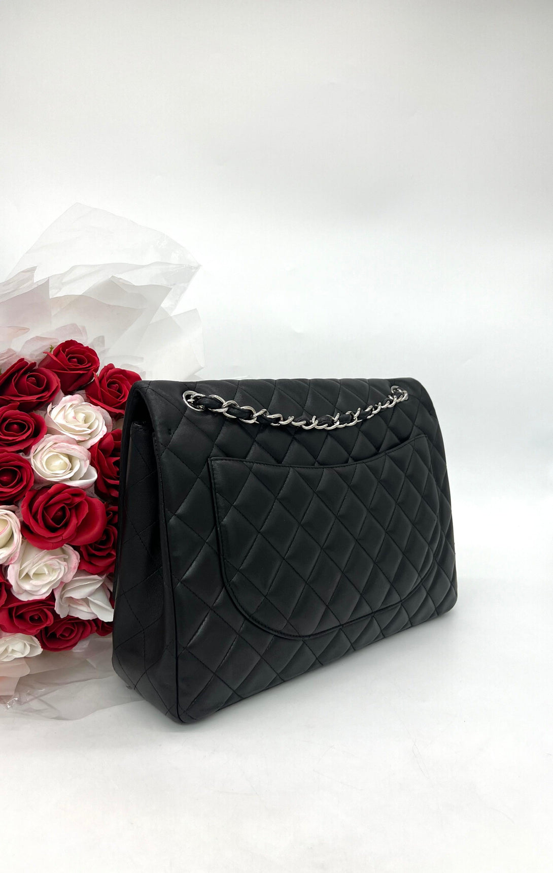 CHANEL Black Quilted Lambskin Maxi Classic Double Flap Silver Chain - Reeluxs 