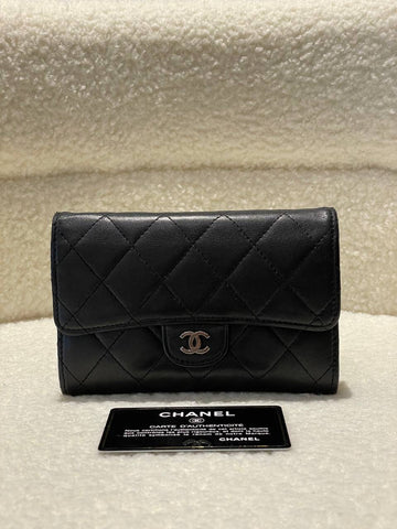 CHANEL Quilted Lambskin Flap Silver Hardware Long Wallet