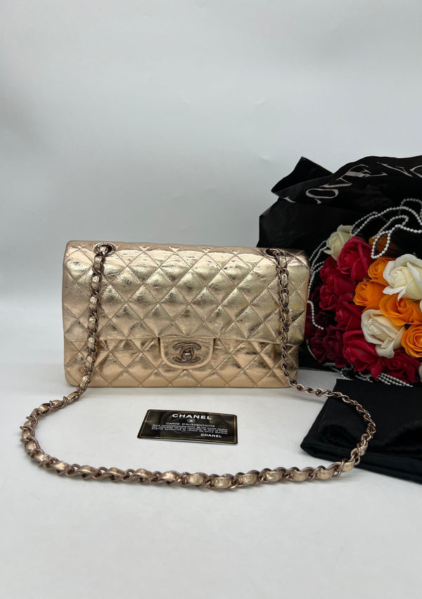 CHANEL Classic Double Flap Metallic Quilted Leather Shoulder Bag For Lady - Reeluxs 