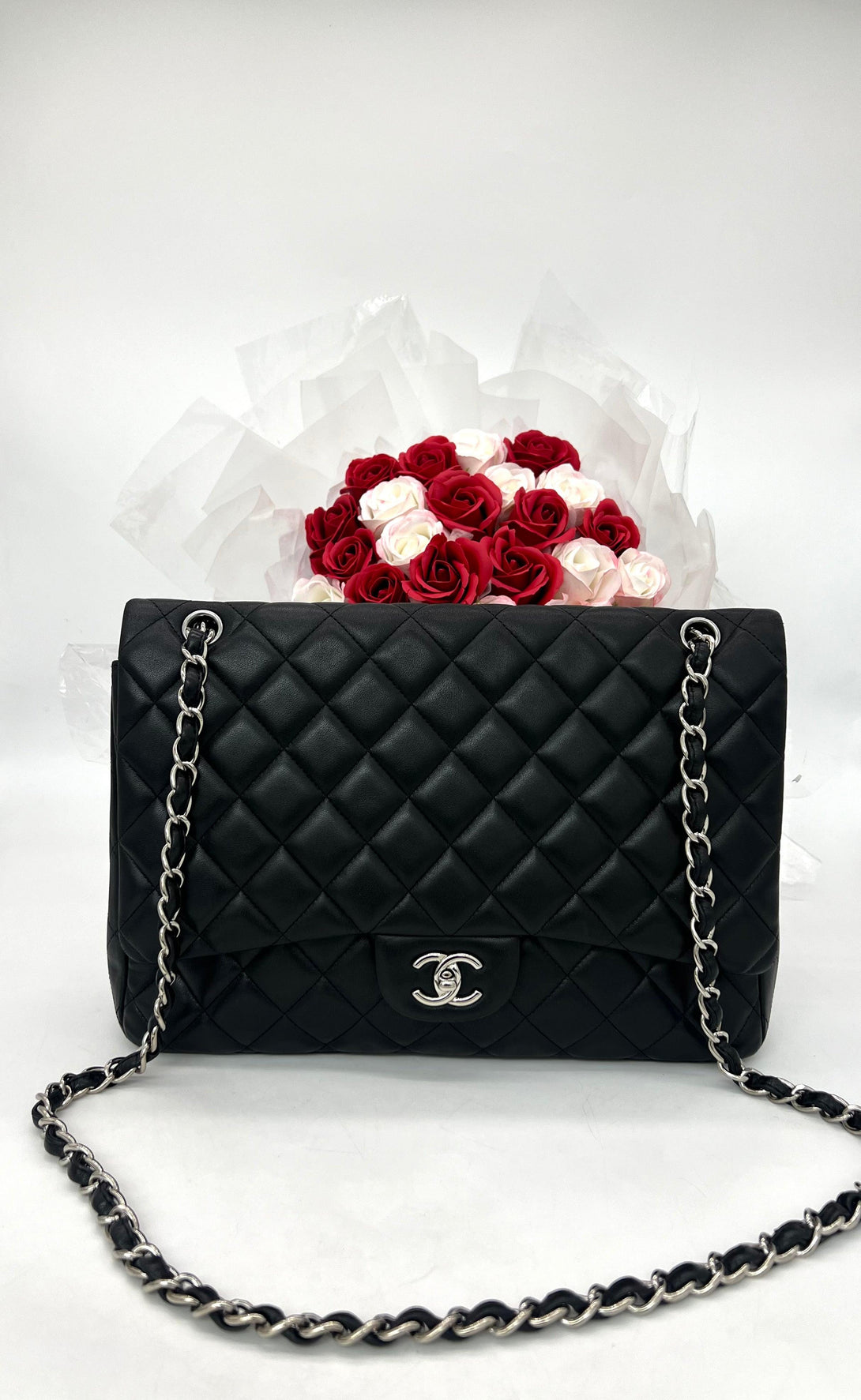 CHANEL Black Quilted Lambskin Maxi Classic Double Flap Silver Chain - Reeluxs 