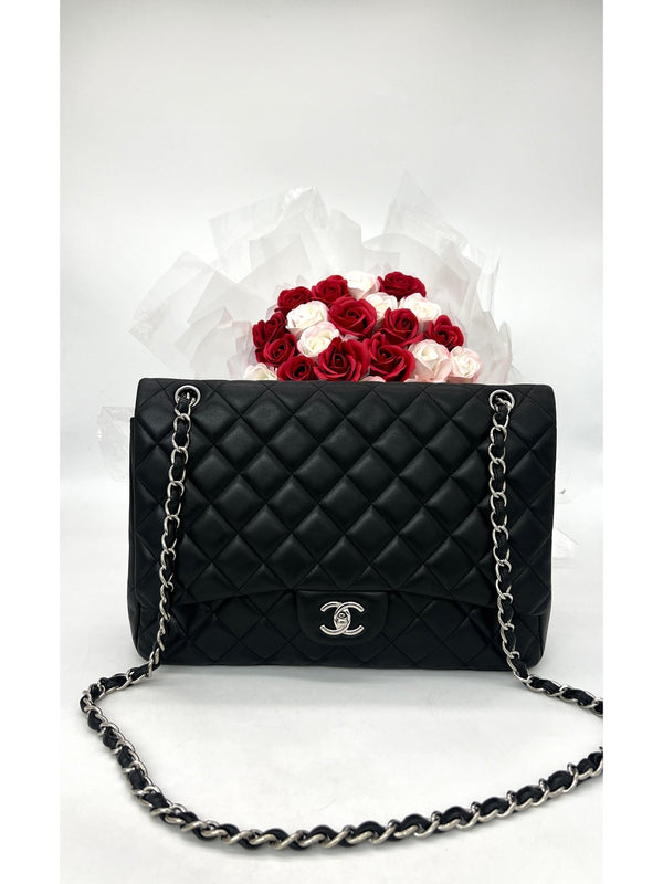 CHANEL Black Quilted Lambskin Maxi Classic Double Flap Silver Chain - Reeluxs 