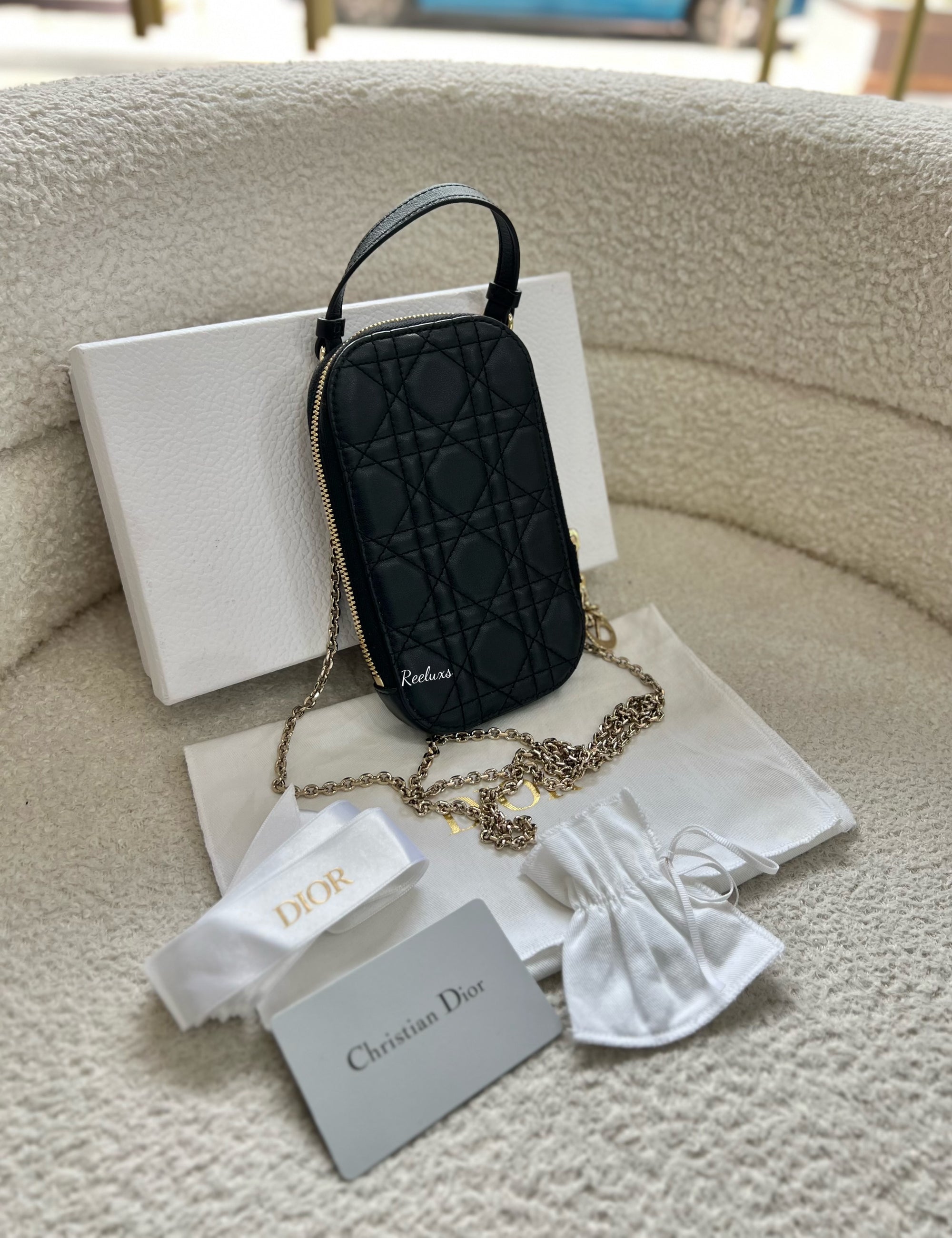 FULLSET CHRISTIAN DIOR Cannage Phone Case Leather Black Chain Shoulder Bag