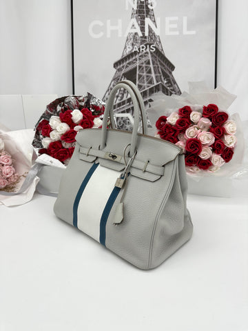 HERMES Birkin Club 35 Handbag In Grey, White Leather And Blue Lizard, Shw - Reeluxs 