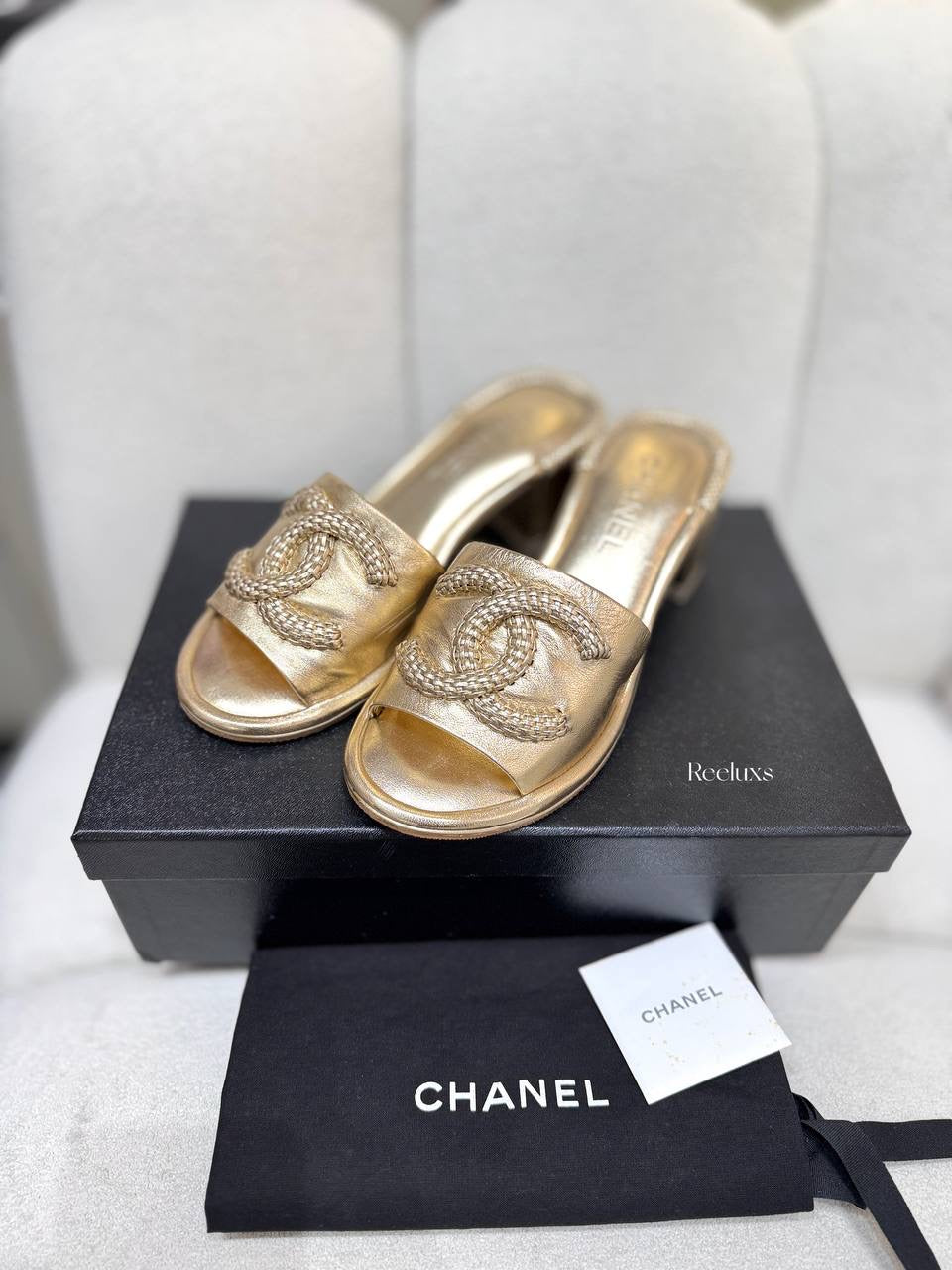 Chanel Gold Leather CC Slide Sandals