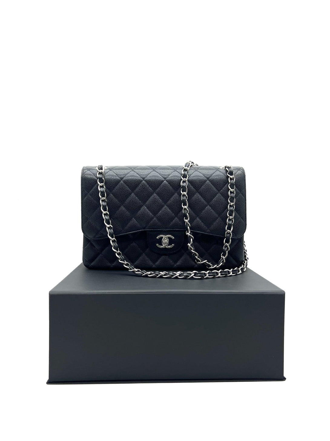 CHANEL Black Quilted Caviar Leather Jumbo Classic Double Flap For Women Shoulder Bag - Reeluxs 