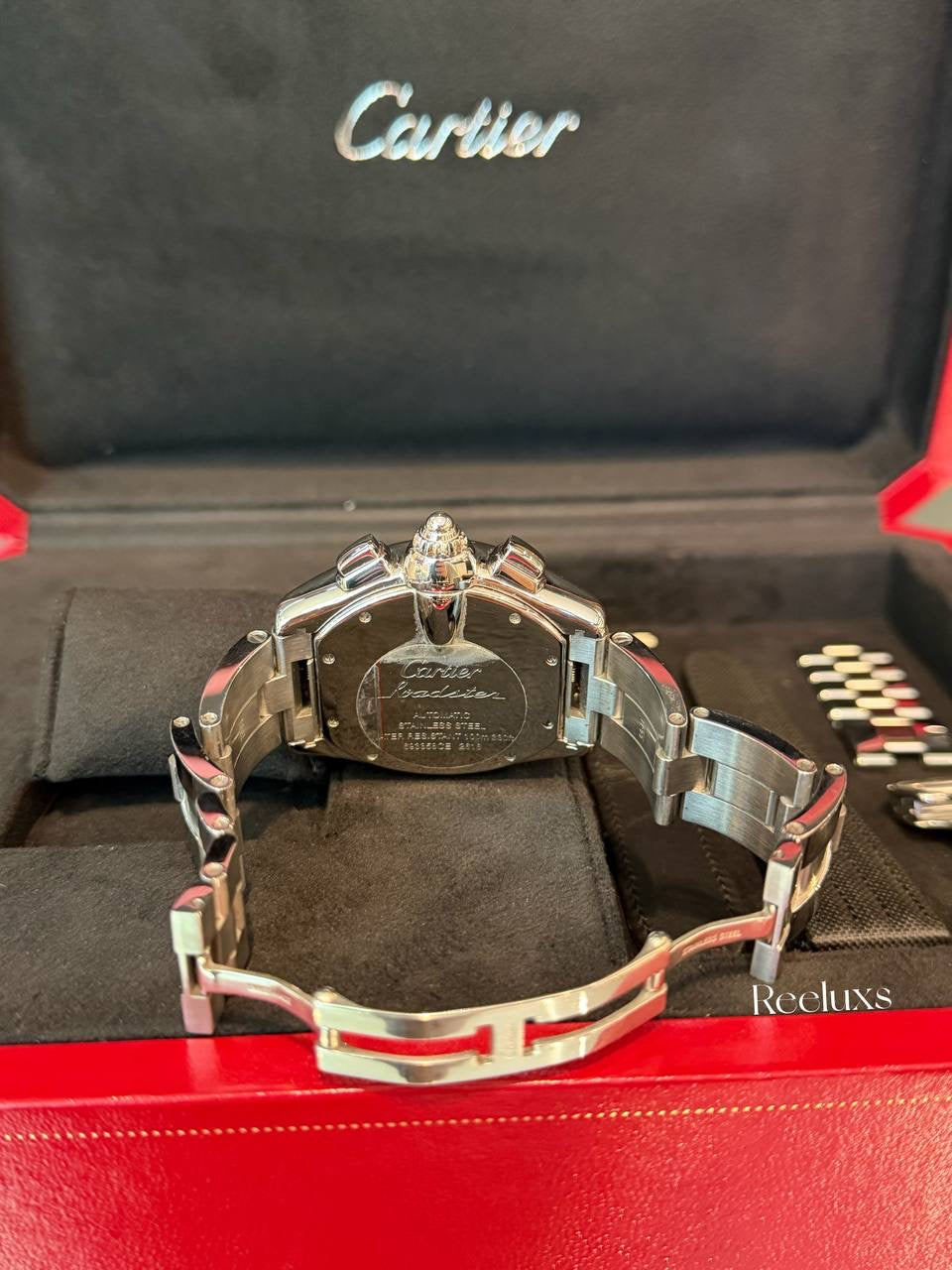 Chronograph Cartier 43mm Roadster XL Black Dial Steel Bracelet