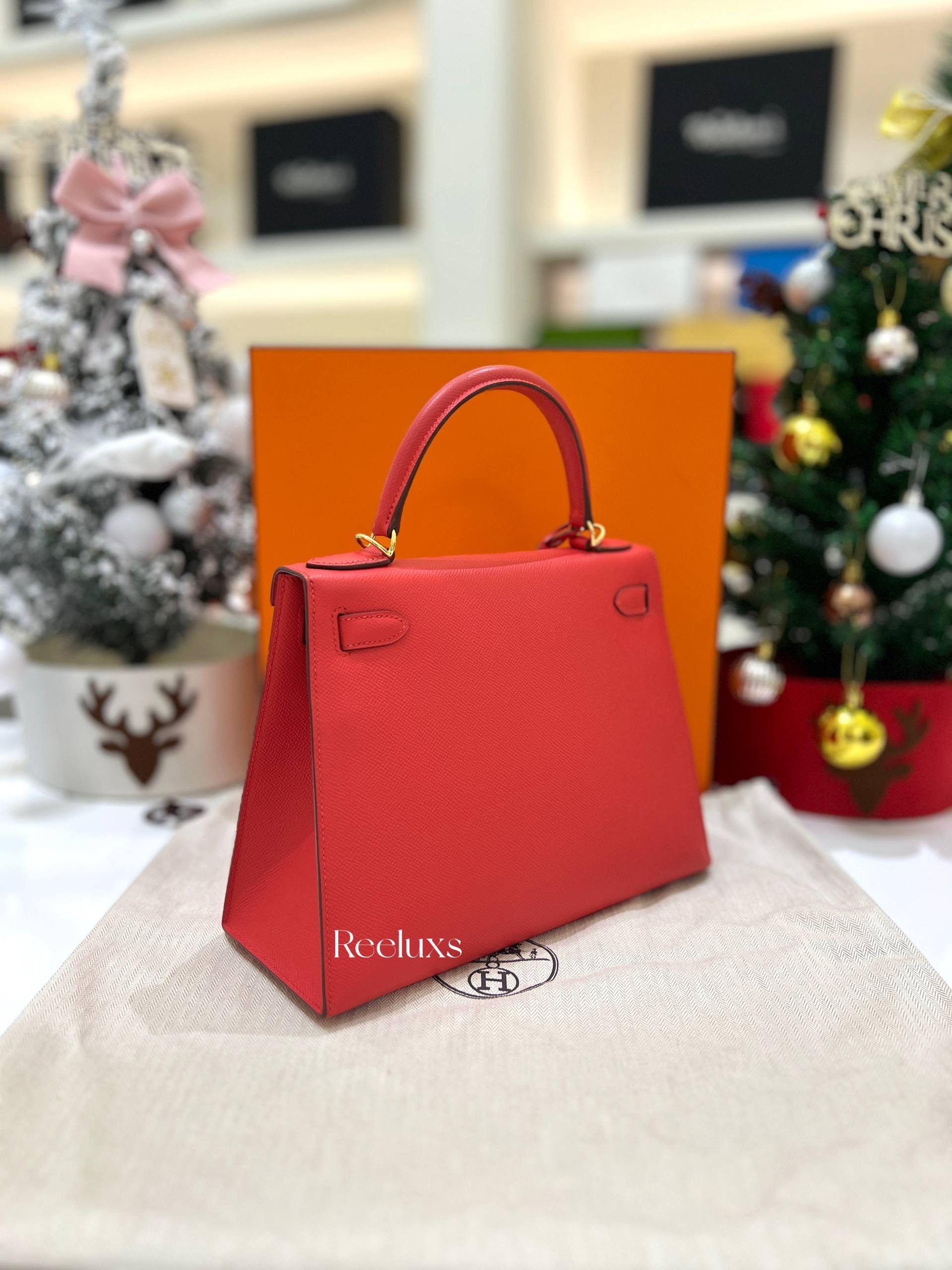 FullSet HERMES Kelly 28 Sellier Rouge Casaque Epsom Gold Hardware Handbag