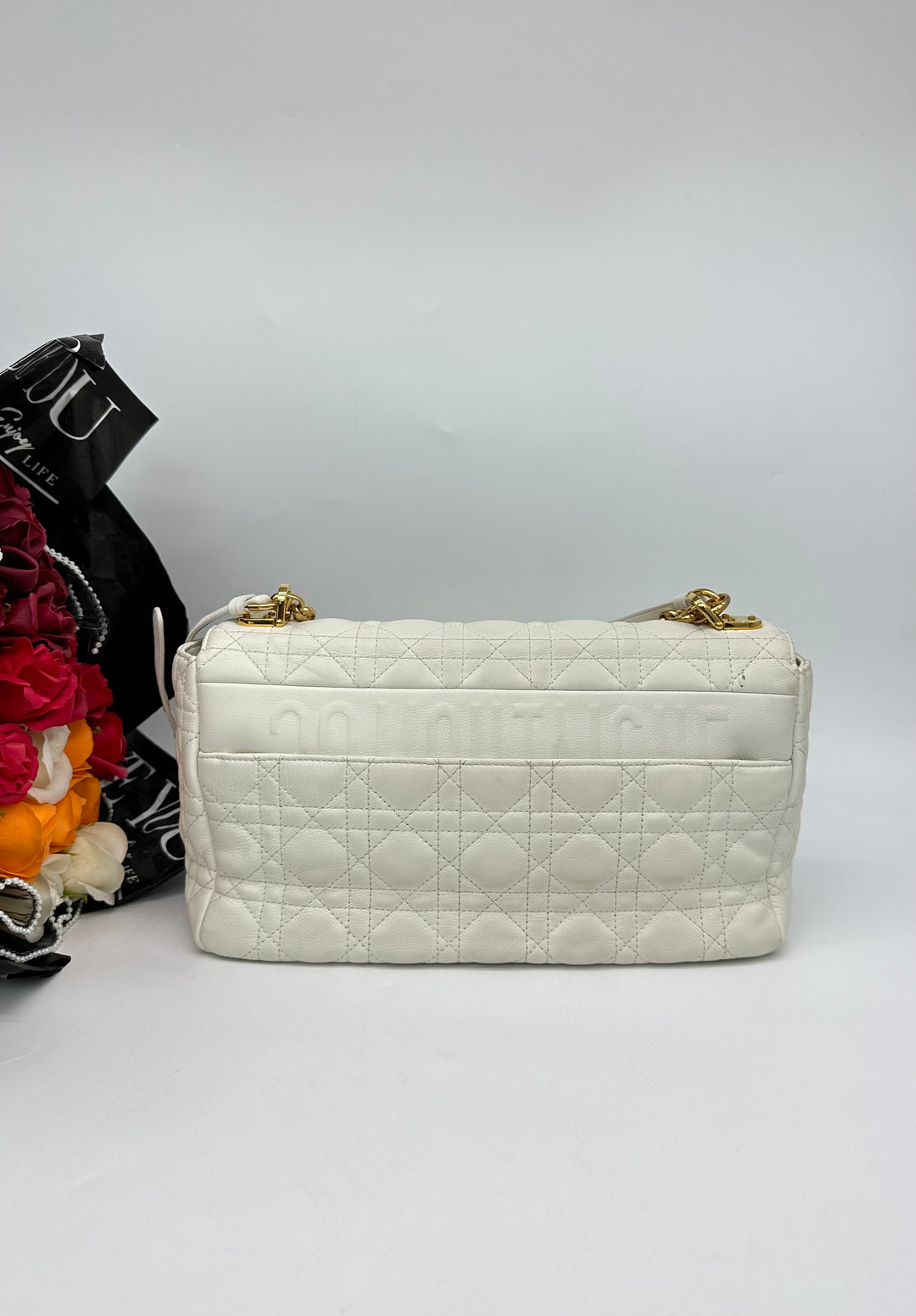 DIOR Women Large Dior Caro Bag Supple Cannage Calfskin-White