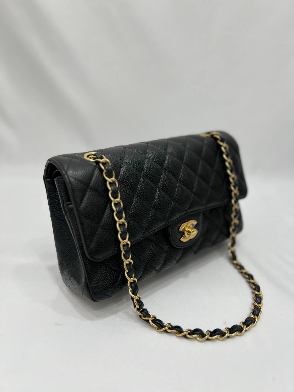 FULL SET CHANEL Matelasse W flap Chain Shoulder Bag Caviar skin Black