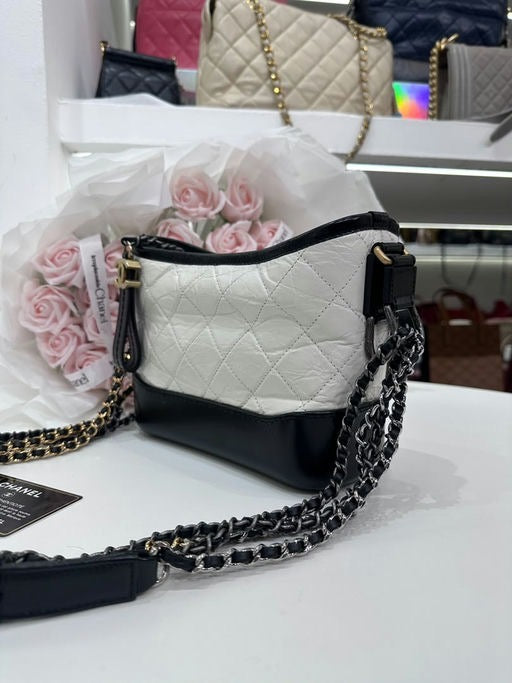 Full Set CHANEL Small Gabrielle Hobo Quilted Calfskin Black White Bag