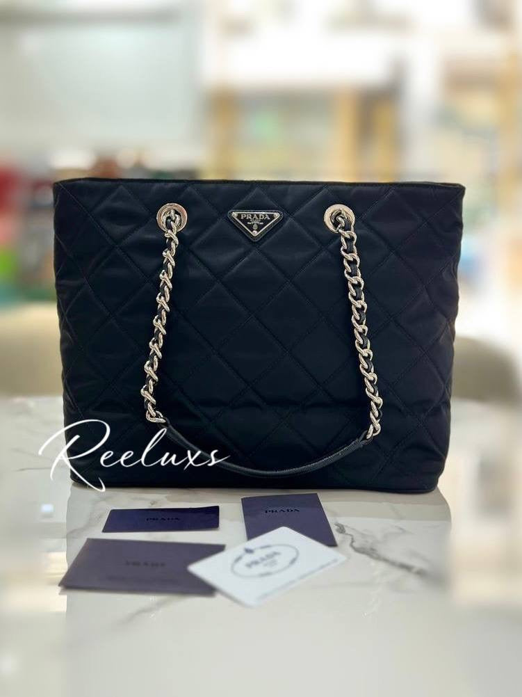 PRADA Black Quilted Tessuto Nylon Chain Shoulder Tote Handbag