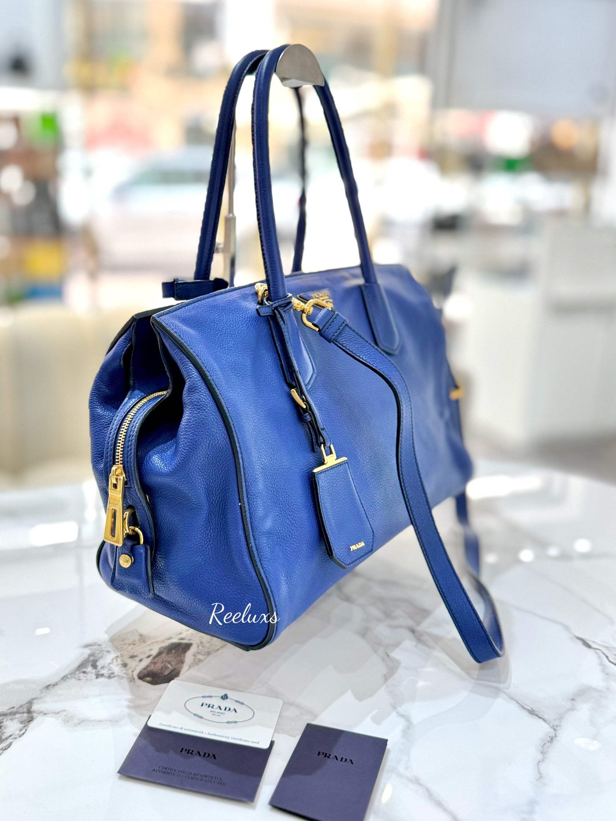 PRADA Blue Vitello Grain Leather Shoulder Bag