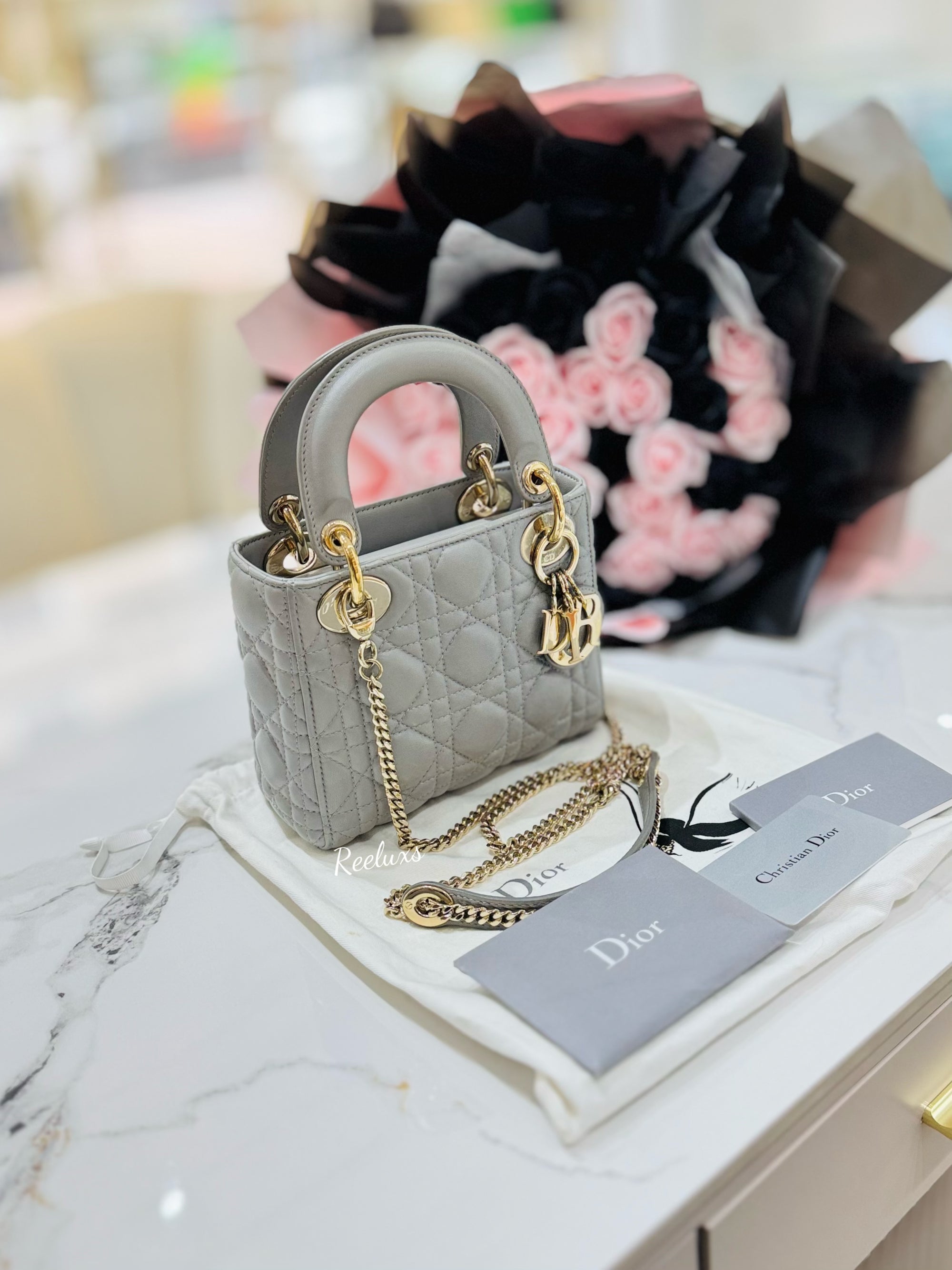 CHRISTIAN DIOR Mini Lady Dior Bag Opaline Gray Pearlescent Cannage Lambskin Shoulder Bag