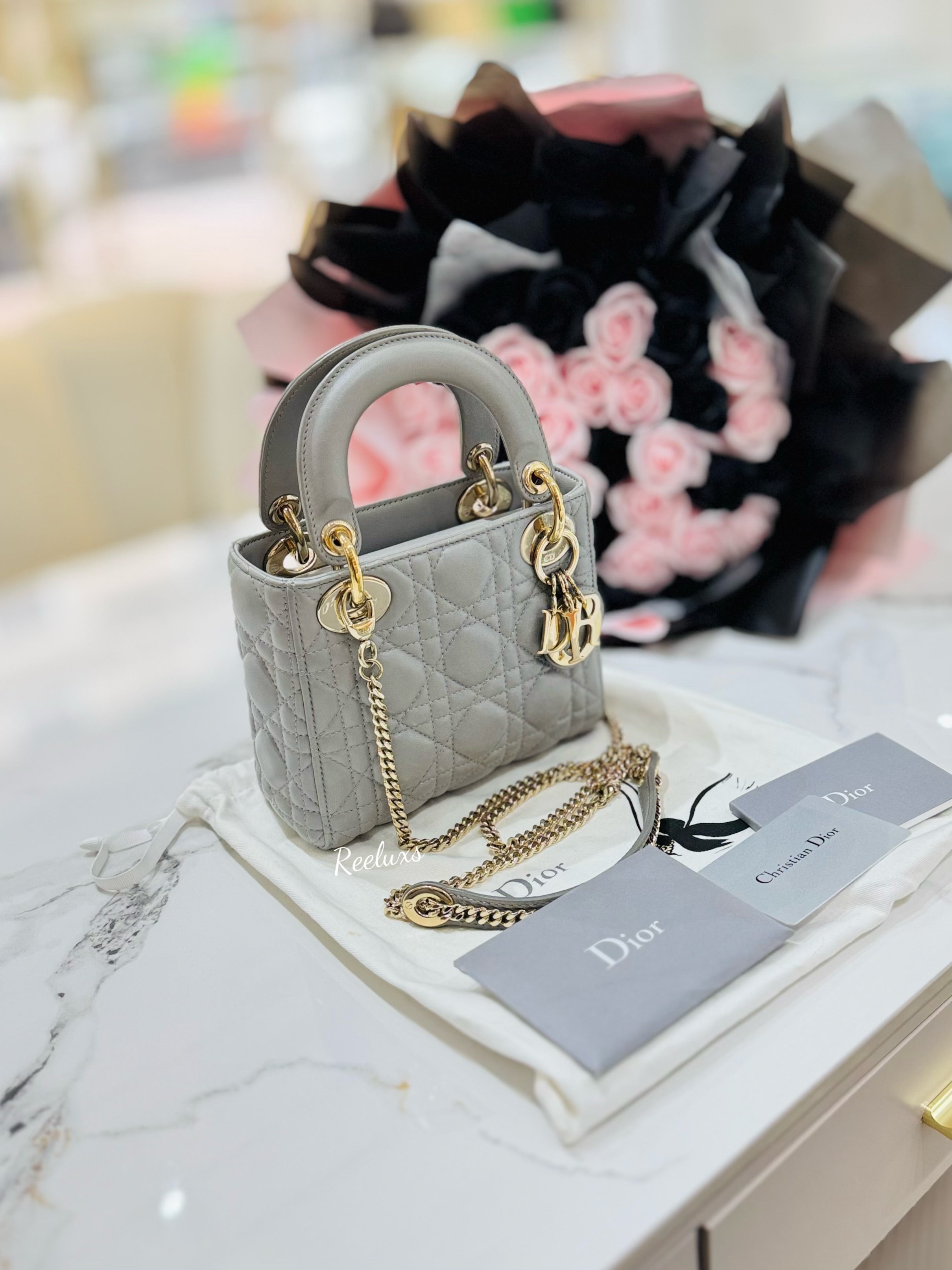 CHRISTIAN DIOR Mini Lady Dior Bag Opaline Gray Pearlescent Cannage Lambskin Shoulder Bag