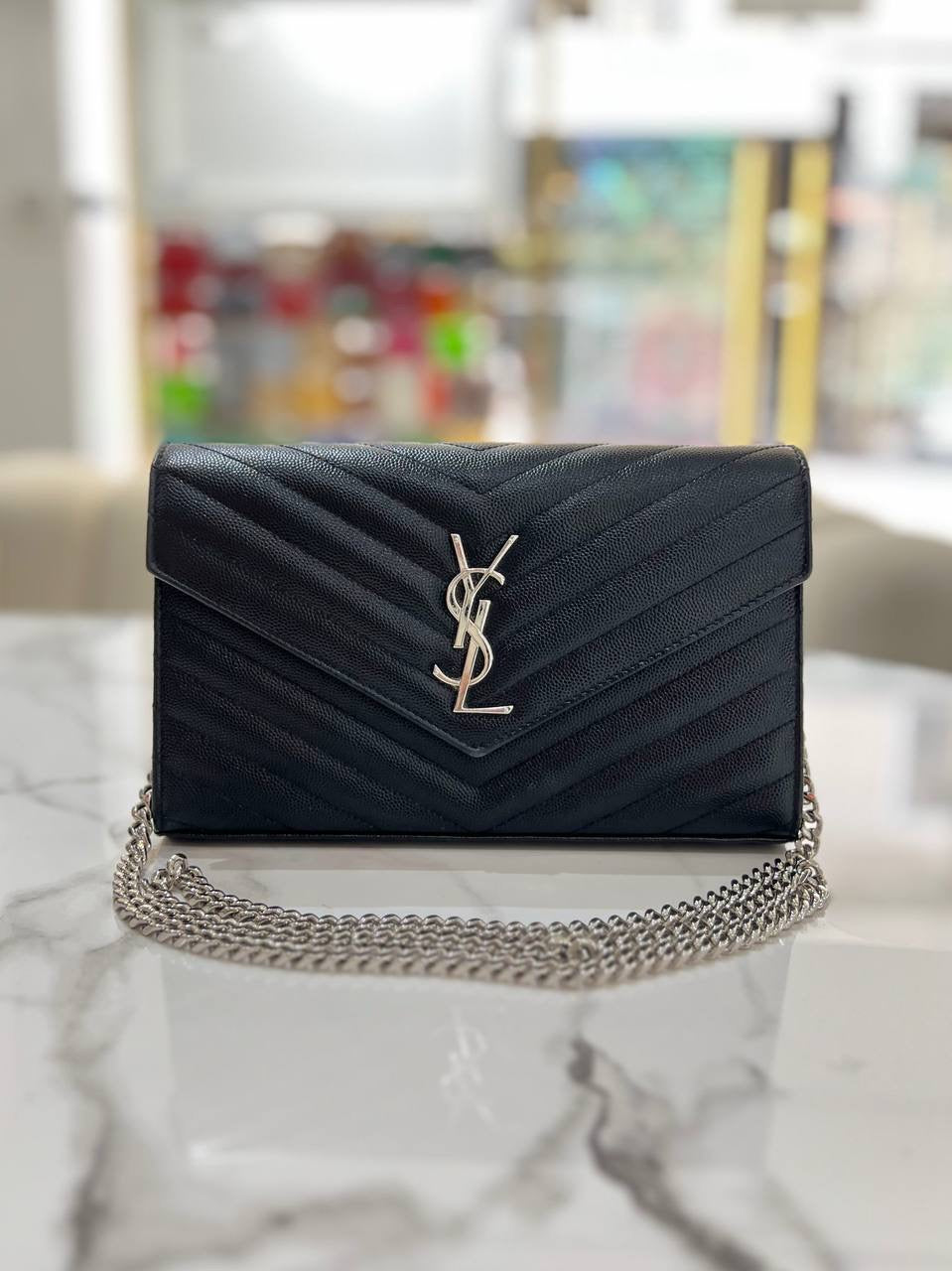 YVES SAINT LAURENT YSL Cassandre Matelasse Envelope SHW Wallet On Chain WOC In Black