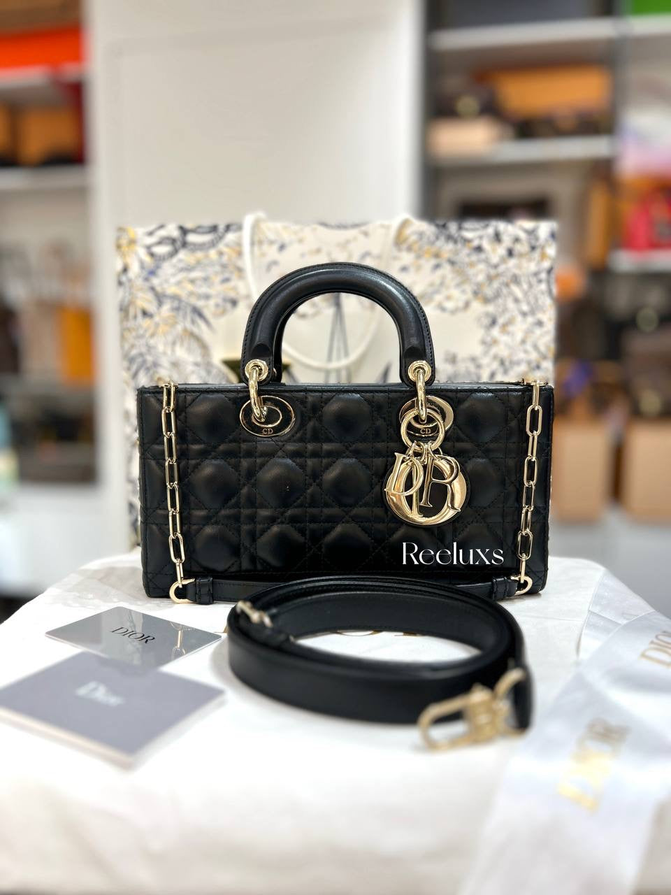 Full Set  DIOR-Medium Lady D-Joy Bag Black Cannage Calfskin with Diamond Motif