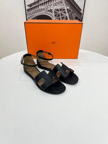 Hermes Women Black Noir Leather Santorini Sandals - Reeluxs 