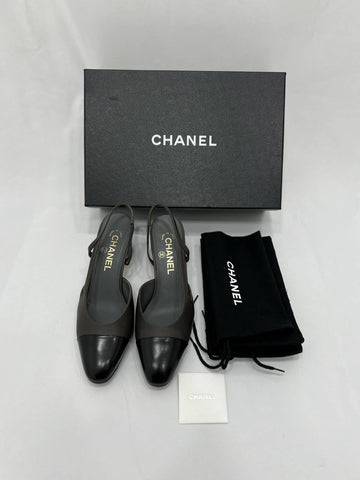 CHANEL Two Tone Slingback Heels Grey/ Black