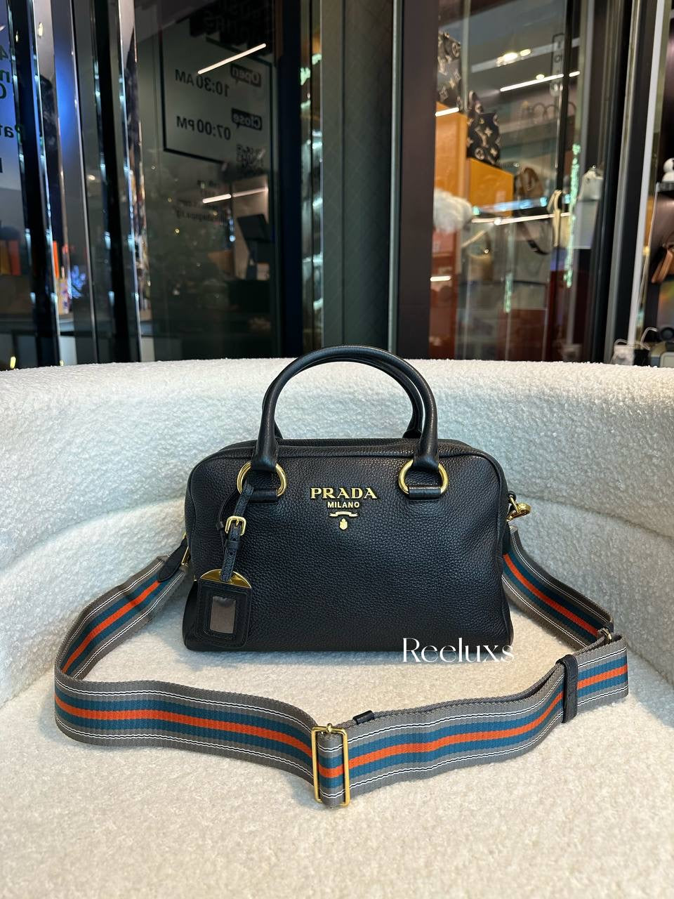Prada Black Leather Stripe Strap Satchel Handbag