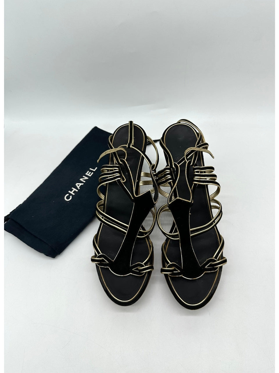 CHANEL Black/Gold Suede and Leather Wedge Sandals Size 39 - Reeluxs 