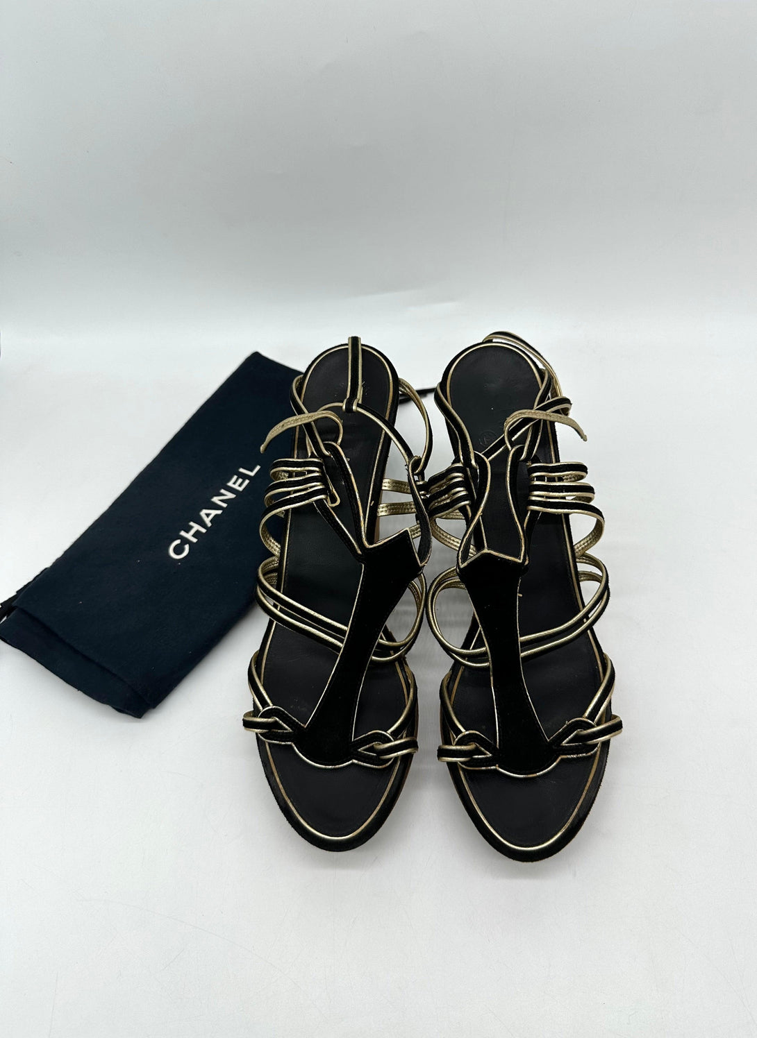 CHANEL Black/Gold Suede and Leather Wedge Sandals Size 39 - Reeluxs 