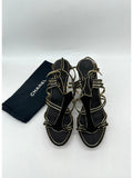 CHANEL Black/Gold Suede and Leather Wedge Sandals Size 39 - Reeluxs 