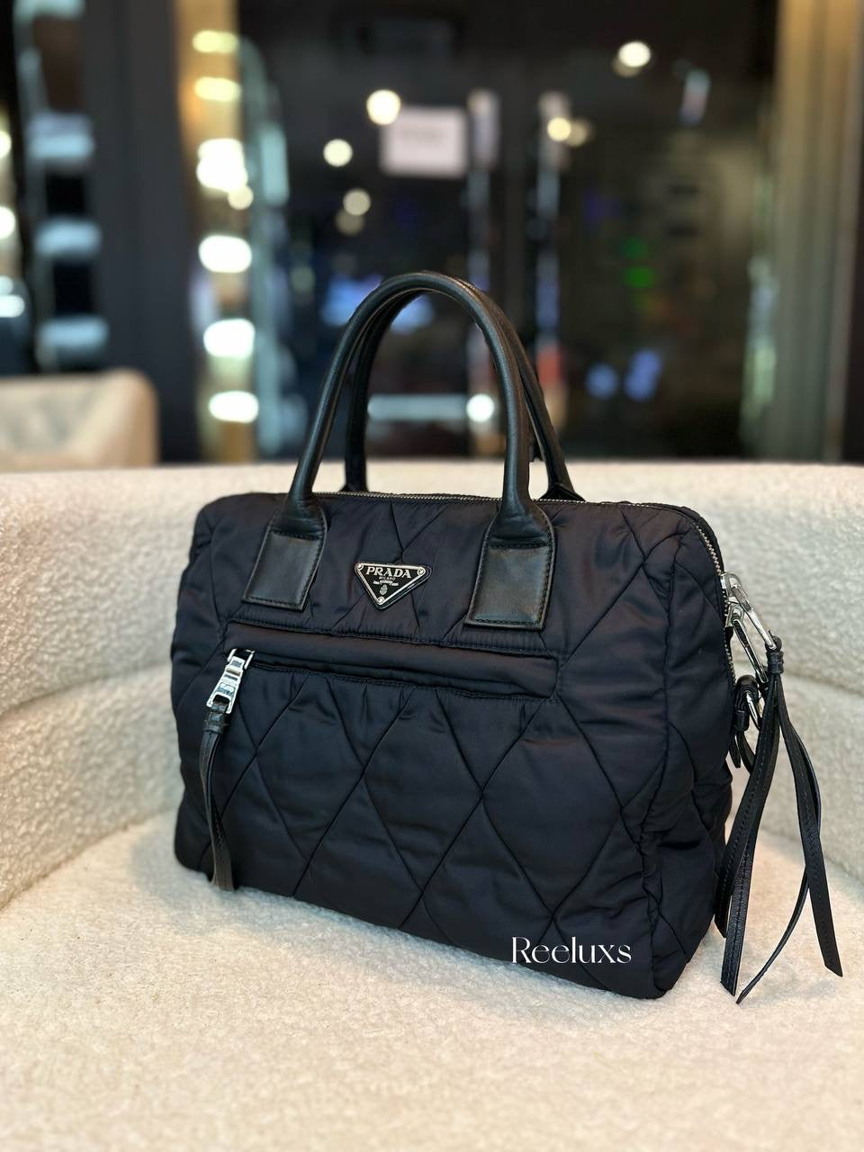 Prada Bomber Convertible Tote Quilted Tessuto Hand Bag