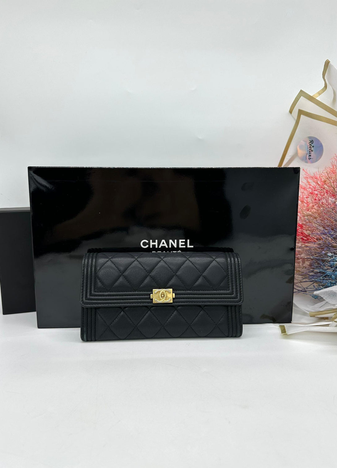 Full Set CHANEL Long Wallet Boy Lambskin Black For Women - Reeluxs 