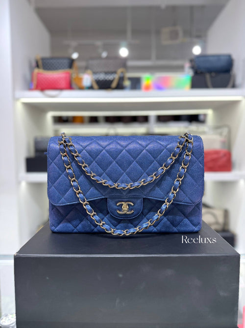 CHANEL Iridescent Caviar Quilted Leather Medium Classic Double Flap Bag Full Set