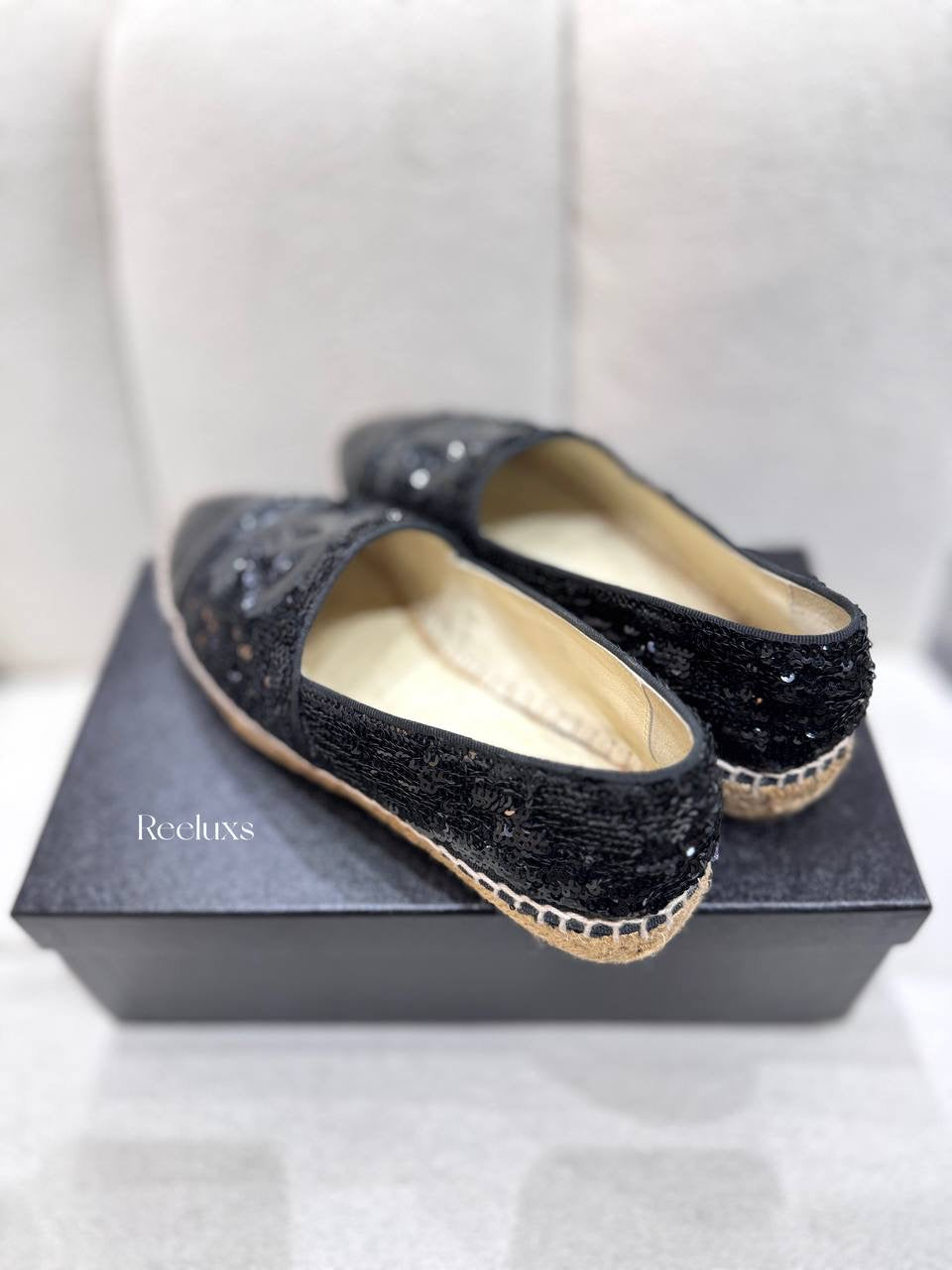 Chanel Black Sequinned Tweed & Leather CC Espadrilles