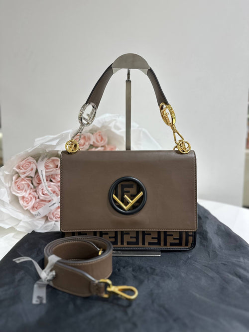 FENDI Kan I F Shoulder Bag in Taupe Brown Leather with FF Zucca Embossed Detail