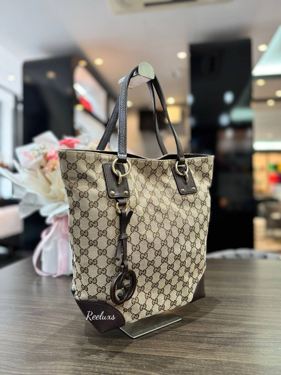 GUCCI GG Charm Canvas Brown Tote Handbag