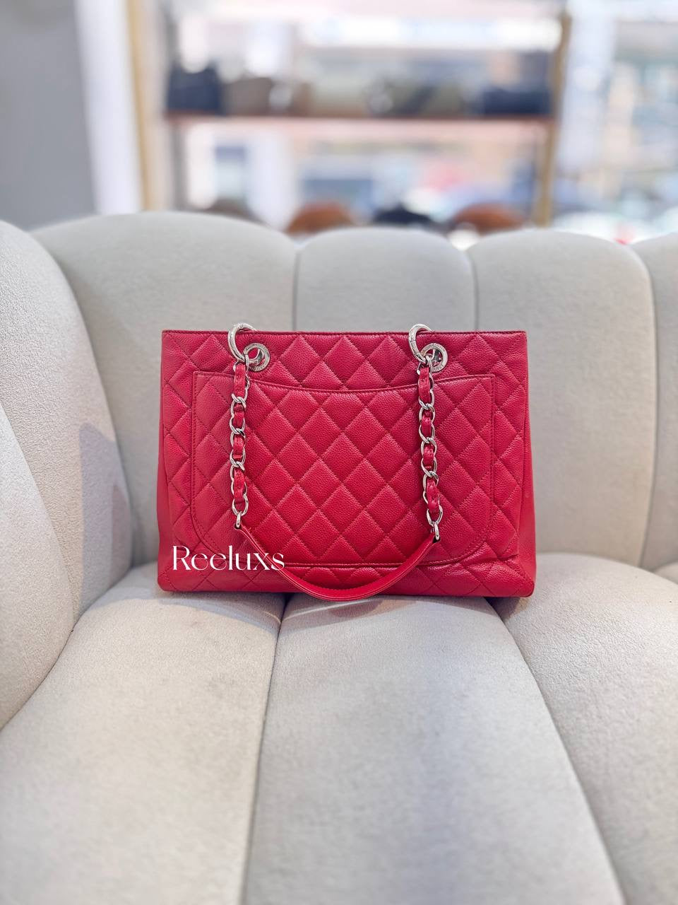 CHANEL Caviar Quilted Grand Shopping Tote GST Red