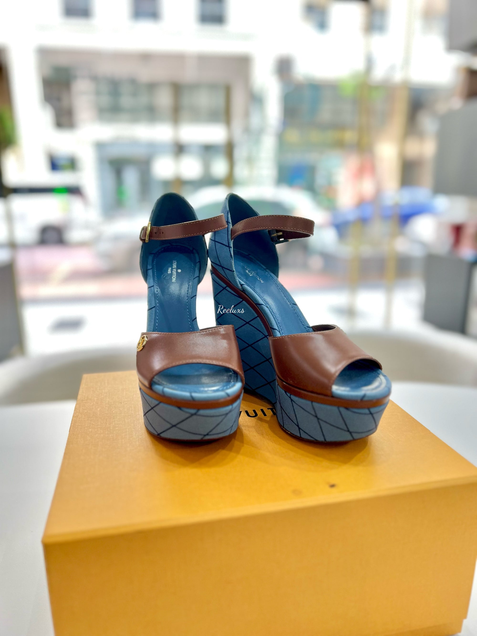 LOUIS VUITTON LV Denim Malletage Blossom Wedge Heels