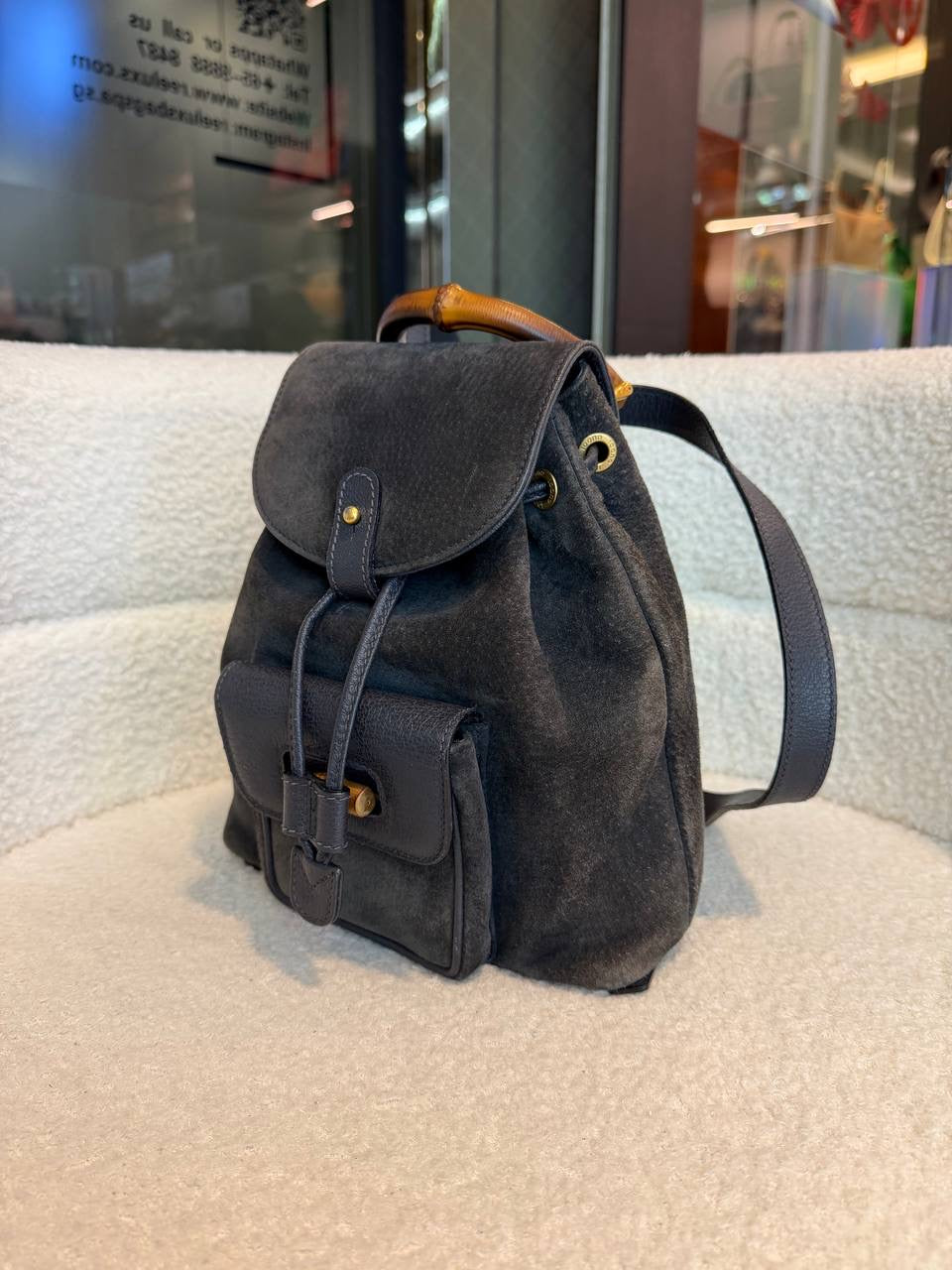 GUCCI Bamboo Backpack Suede Black