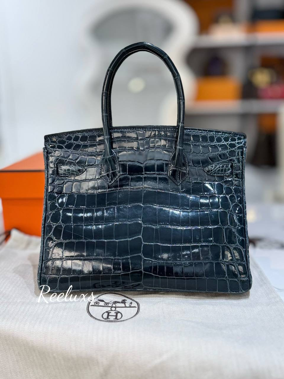 FULL SET HERMES Birkin 30 Vert Rousseau Shinny Niloticus Crocodile Gold Hardware Handbag GHW